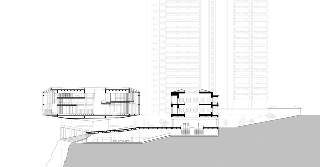 Section cut through building and landscape of Sarah Cheung's Thesis "Asignifications: Destabilizing the Colonial Imaginary"