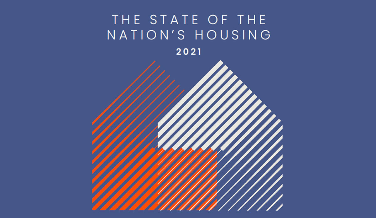 Blue-purple graphic with red and white striped outlines of two houses, intertwined. White text reads