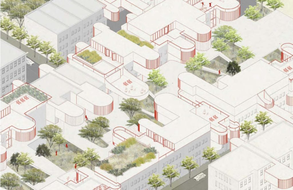 Isometric drawing of buildings with greenery