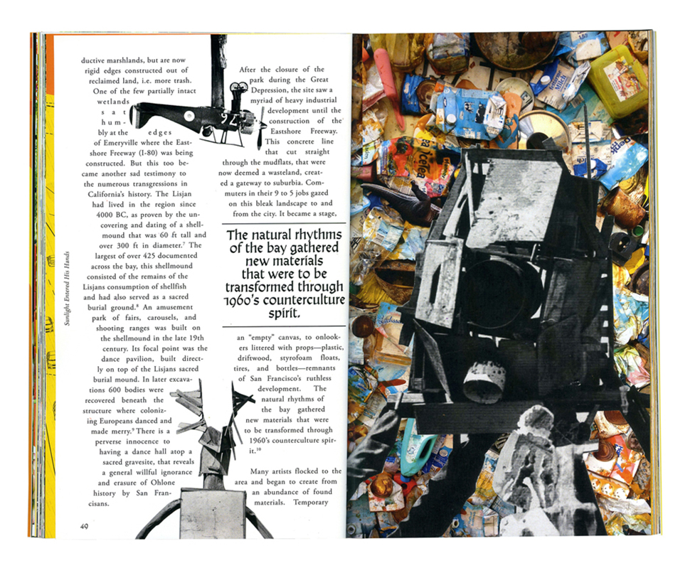 Book spread with text on the left and a collage of garbage on the right.