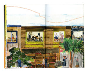 Spread from Yoni Carnice's book with collage of buildings and plants and community members performing activities. 