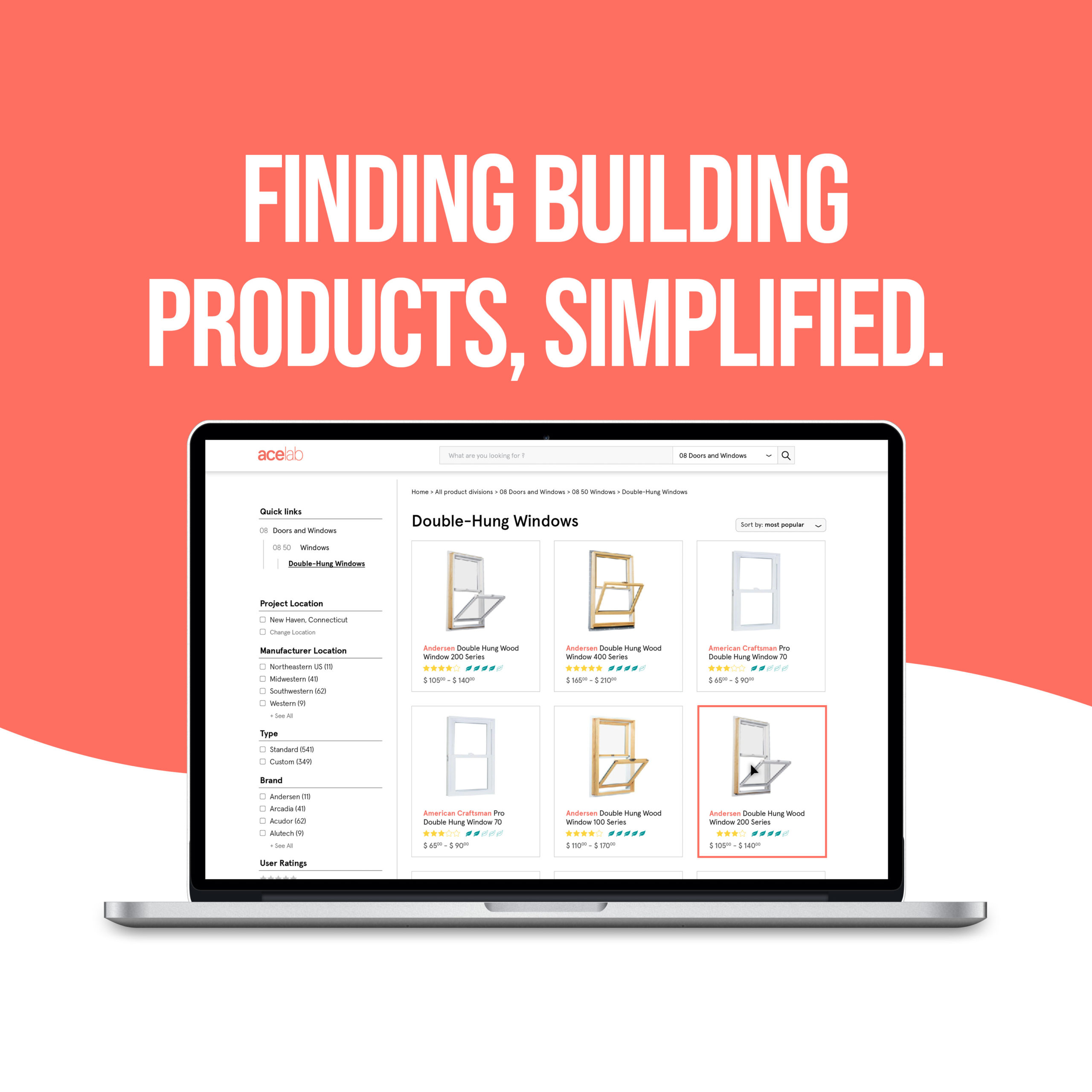 The text "finding building projects, simplified" above a laptop open to a series of double hung windows.