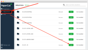 Once the client opens, select Add Printers and the list of shared printers should appear. Click Install next to the printers you'd like to use to install them on your computer