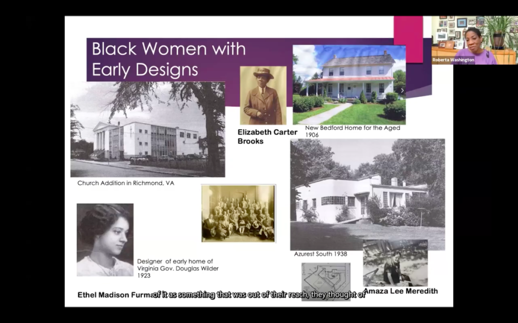 Zoom screenshot showing Roberta Washington presenting on Black Women with Early Designs.