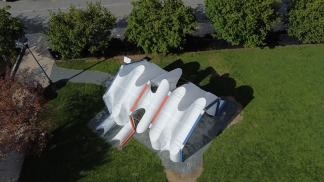 Aerial view of CloudHouse set in the park with path leading up to it’s interior