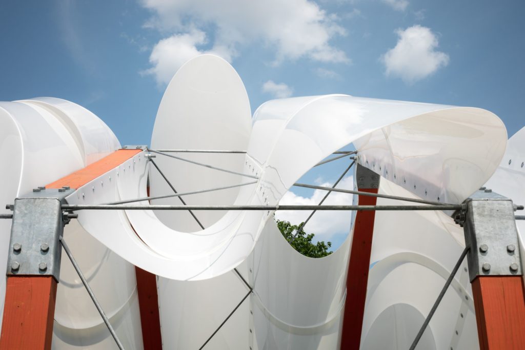 Detailed photograph of CloudHouse from the bottom towards the sky