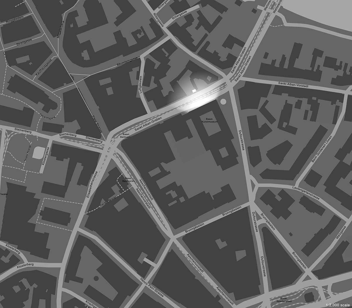 Aerial map of a section of Basel Switzerland showing the location of the Kunstmuseum on Sankt Alban-Graben, The street on the northern side of the Kunstmuseum is highlighted to show the area of the projection.