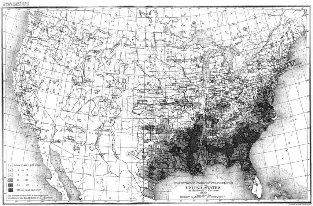 Black and white map of the United States showing the Black population in 1900 which is concentrated in the southern states.