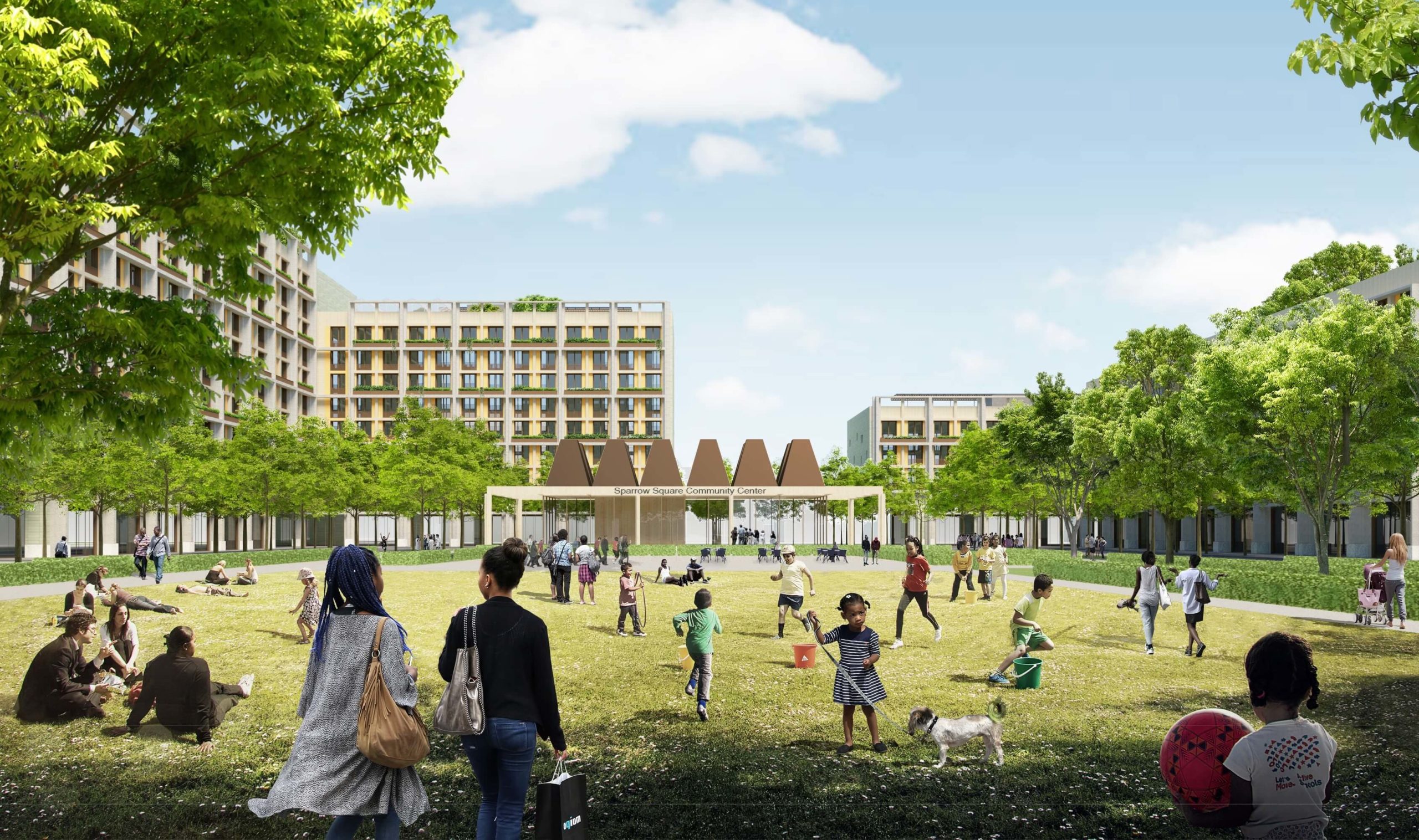 Rendering showing people enjoying the green area outside the building complex.