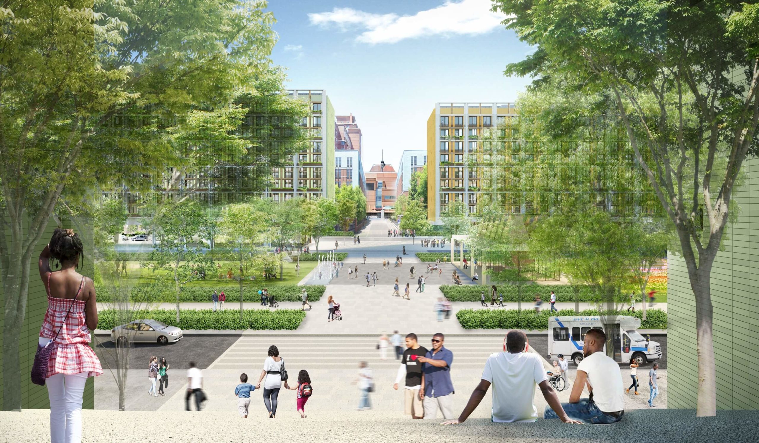 Rendering of people enjoying the outside area around the complex.