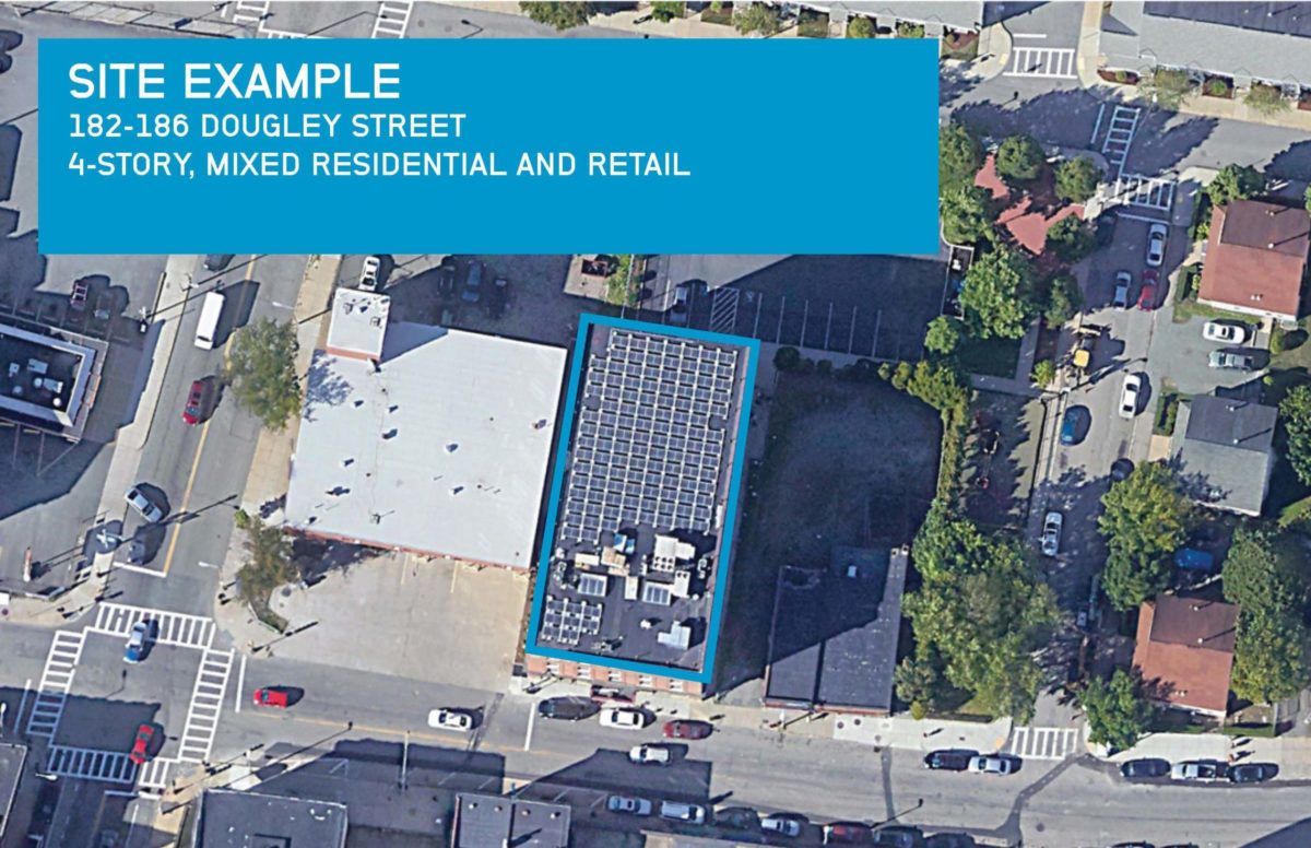 Aerial photograph of an urban scene with the text: site example. 182-185 Dougley Street. 4-story mixed residential and retail.