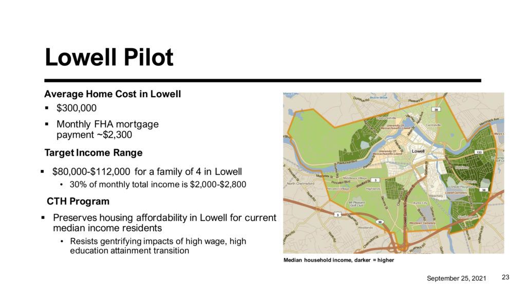 A diagram from the Assumable Mortgage Financing teams slide deck describing the proposed pilot project in Lowell.