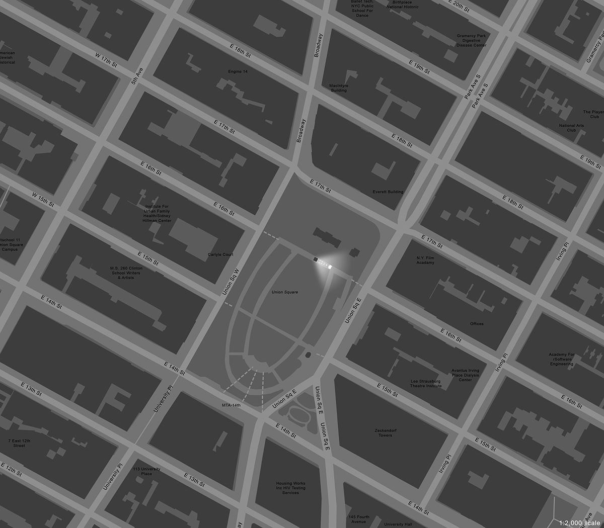Aerial map of a section of Manhattan showing Union Square in the middle, with a grid of streets and avenues on all sides. In the northern part of Union square there is a highlighted point showing the location of the Abraham Lincoln monument.