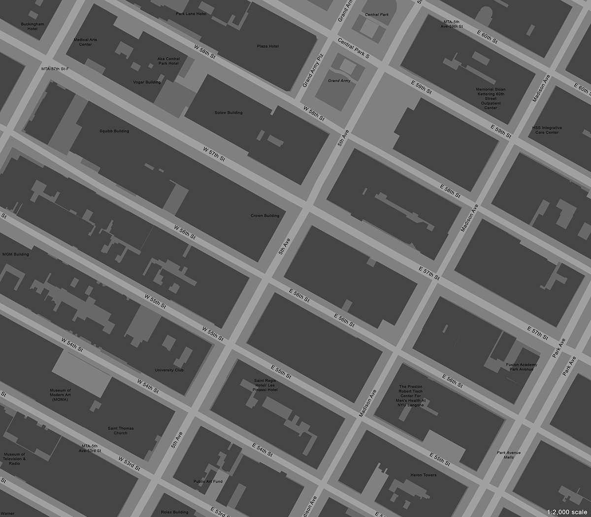 Aerial Map of a section of city blocks in Midtown Manhattan, centered around the intersections of 5th Avenue and 53rd Street through 60th Street.