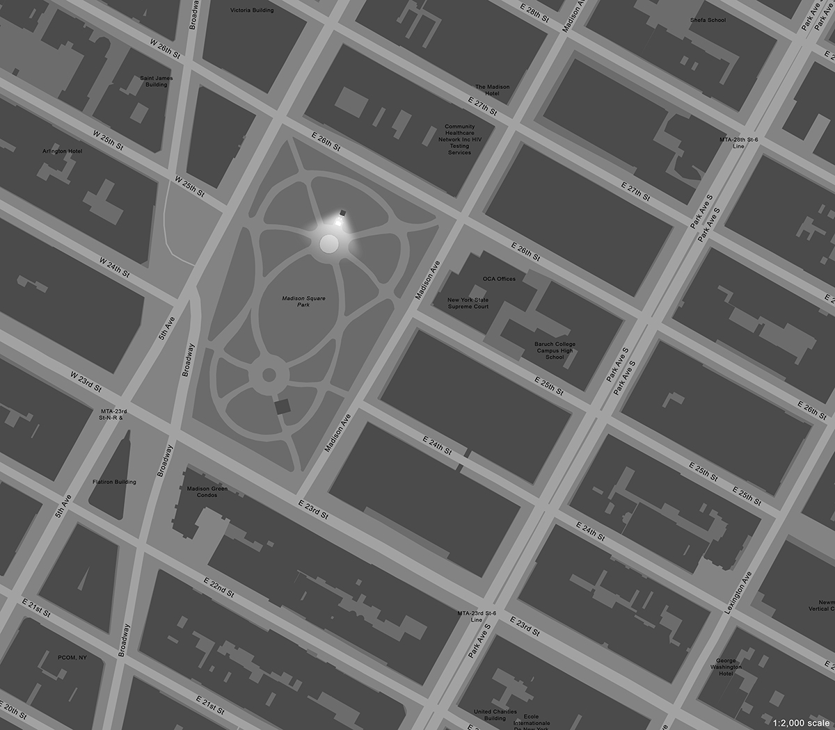 Aerial map of a section of Manhattan showing Madison Square Park, with a grid of streets and avenues on all sides. In the northern center of Madison Square Park there is a highlighted point showing the location of the Admiral Farragut monument.