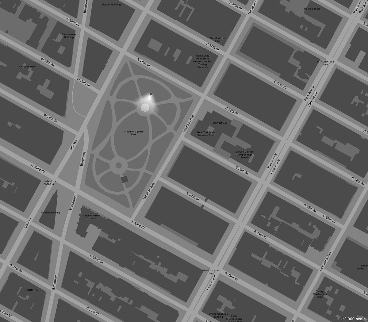 Aerial map of a section of Manhattan showing Madison Square Park, with a grid of streets and avenues on all sides. In the northern center of Madison Square Park there is a highlighted point showing the location of the Admiral Farragut monument.