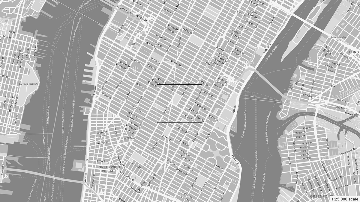 Aerial map of midtown Manhattan with a rectangle around the section showing the location of Madison Square Park, where 5th Avenue intersects with East 23rd Street through East 26th Street.
