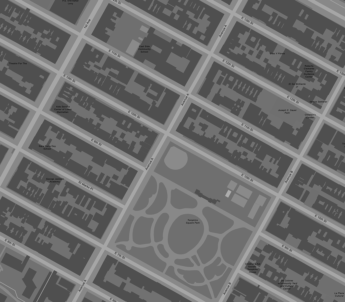 Aerial map of a section of Lower Manhattan showing the city blocks surrounding Tomkins Square Park, including 1st Ave, Avenue A and Avenue B, where they intersect with East 6th Street through East 13th Street.