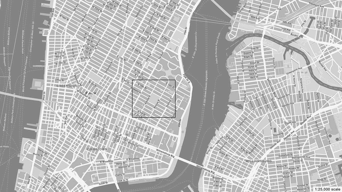 Aerial map of Lower Manhattan with a rectangle around the section showing the East Village area including Avenue A through Avenue C.