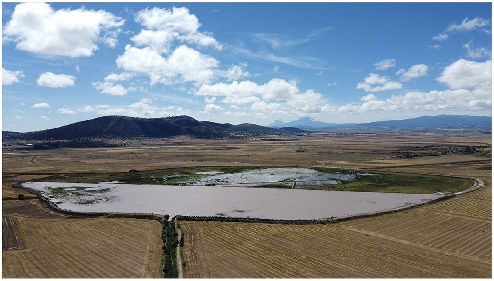 A large lagoon in the middle of an otherwise dry plain.