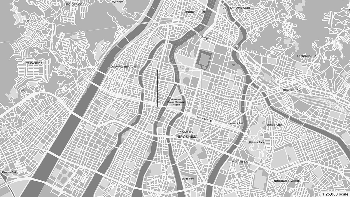 Aerial map of Hiroshima, Japan, with a rectangle showing the location of the Hiroshima Peace Memorial at a junction of two waterways.