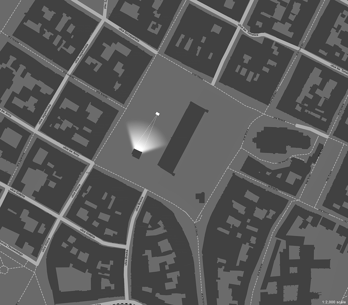 Aerial map of a section of Krakow, Poland, showing the old town square, with a highlighted area showing the location of the tower projection in the southwestern corner of the square.