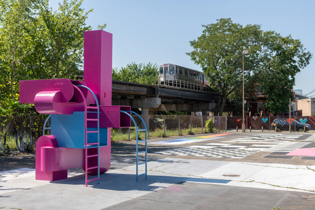 Block Party installation in asphalt park