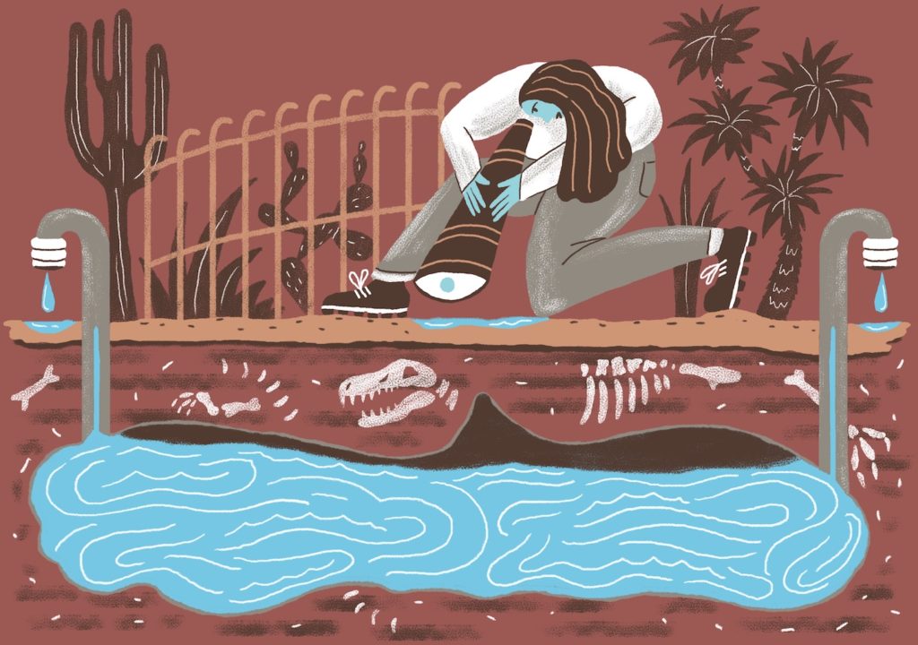 Illustration of a person with long hair looking though a lens at the ground. Under the ground is a pool of water.