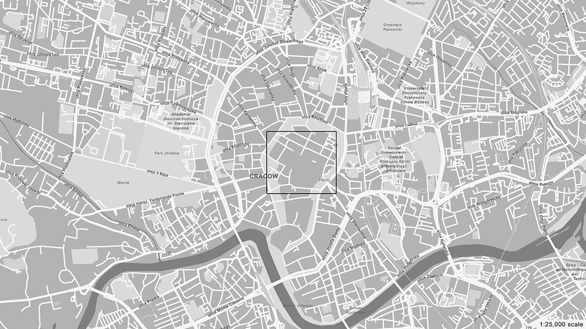 Aerial map of the city of Krakow, Poland, with a rectangle around a section in the center just north of the Vistula river.