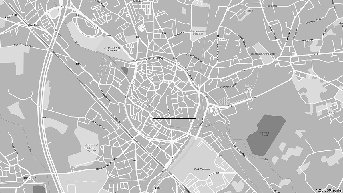 Aerial map of the city of Mechelen, Belgium, with a rectangle around a section in the center of the city.