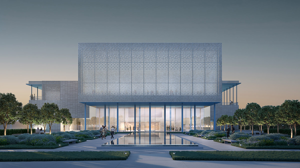 Exterior render of Ismaili Center at night