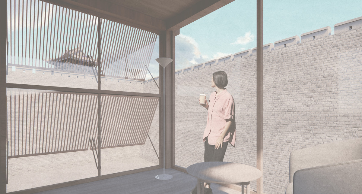 Rendering of a woman looking out a screened in porch.