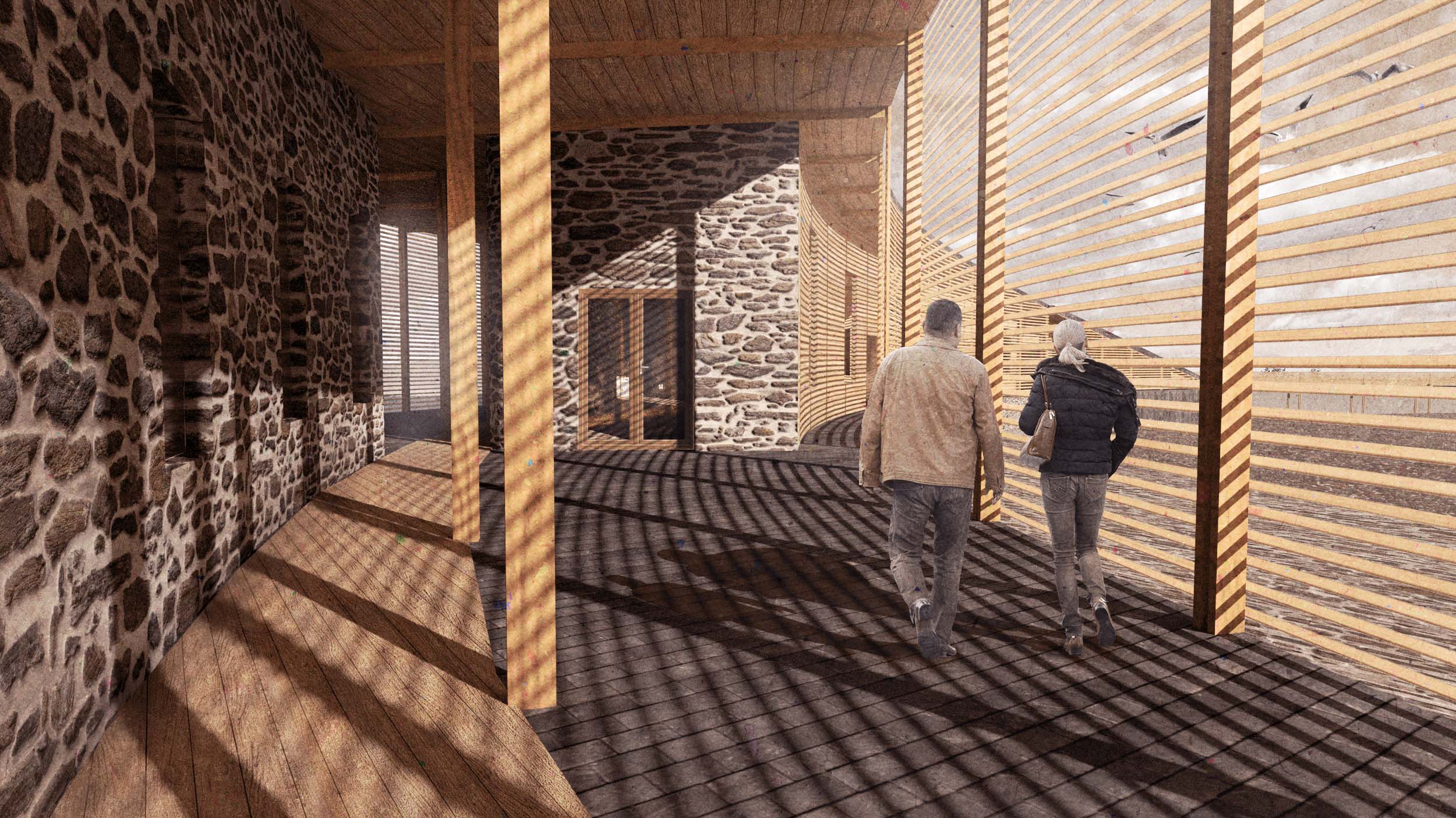 Rendering of people walking through the outdoor part of a pavilion.