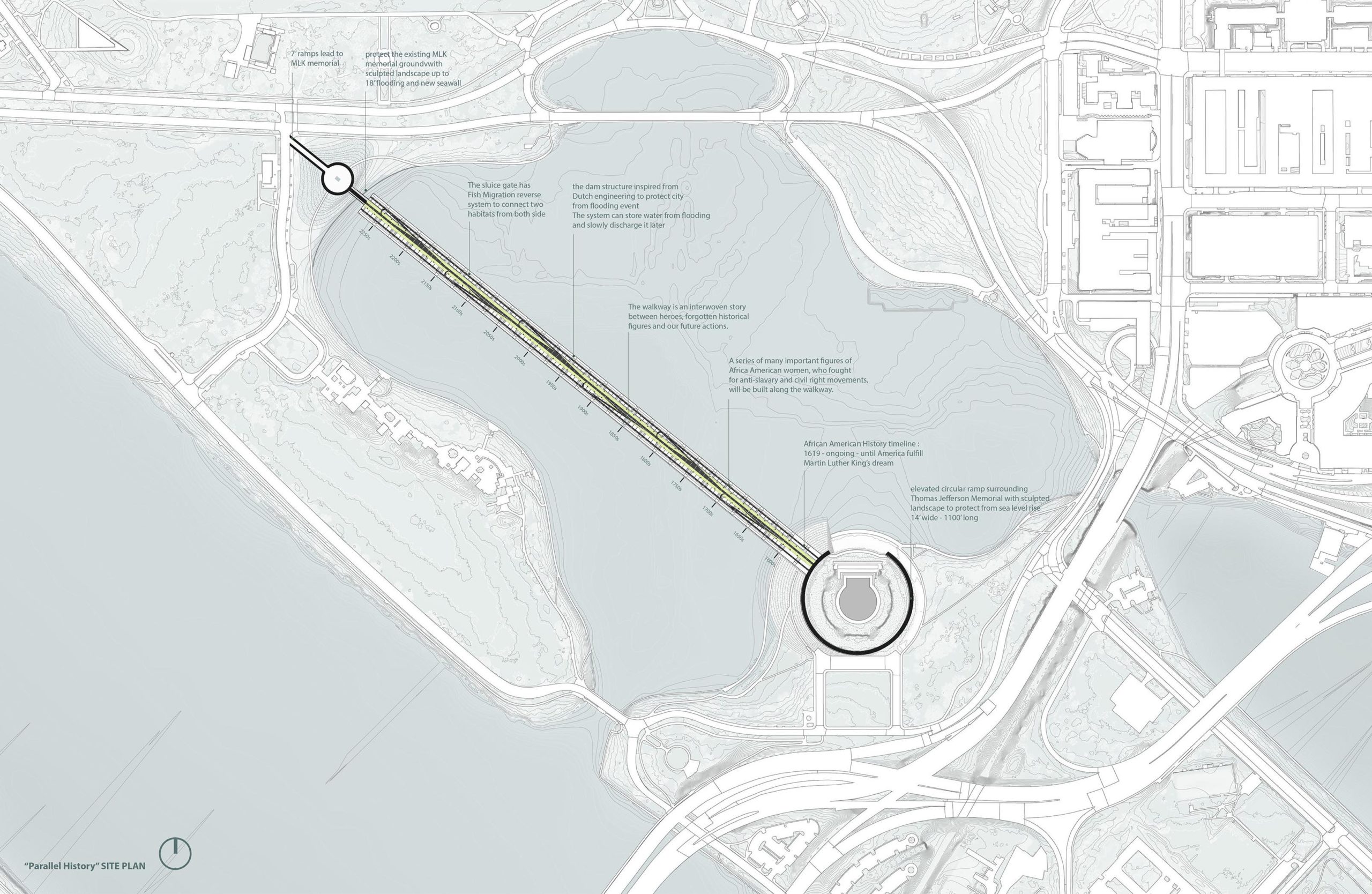 Site plan of the MLK memorial and surrounding area. The map is light blue with contour lines drawn to describe the topography in the area. The design intervention is highlighted in green. It is a bridge connecting two sides of a bay. The bridge has callouts highlighting specific historic features that the project integrates into the site.