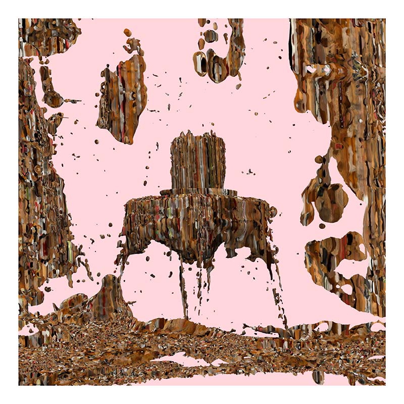 Digital collage of distorted cake and pink frosting