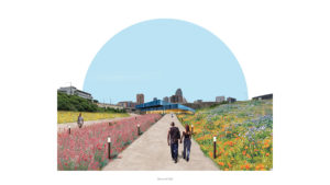 Rendering of two figures walking down path surrounded by blooming foliage with Twin Cities cityscape in the background
