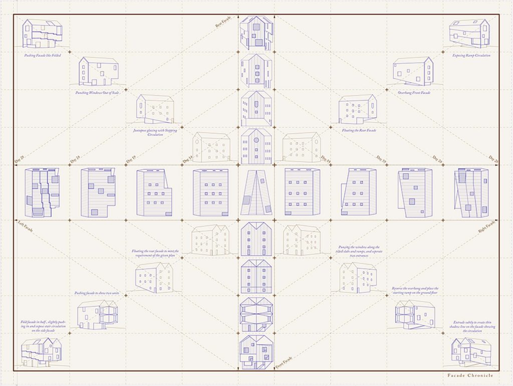 Architectural drawing of several structures drawn in blue and arranged in a grid