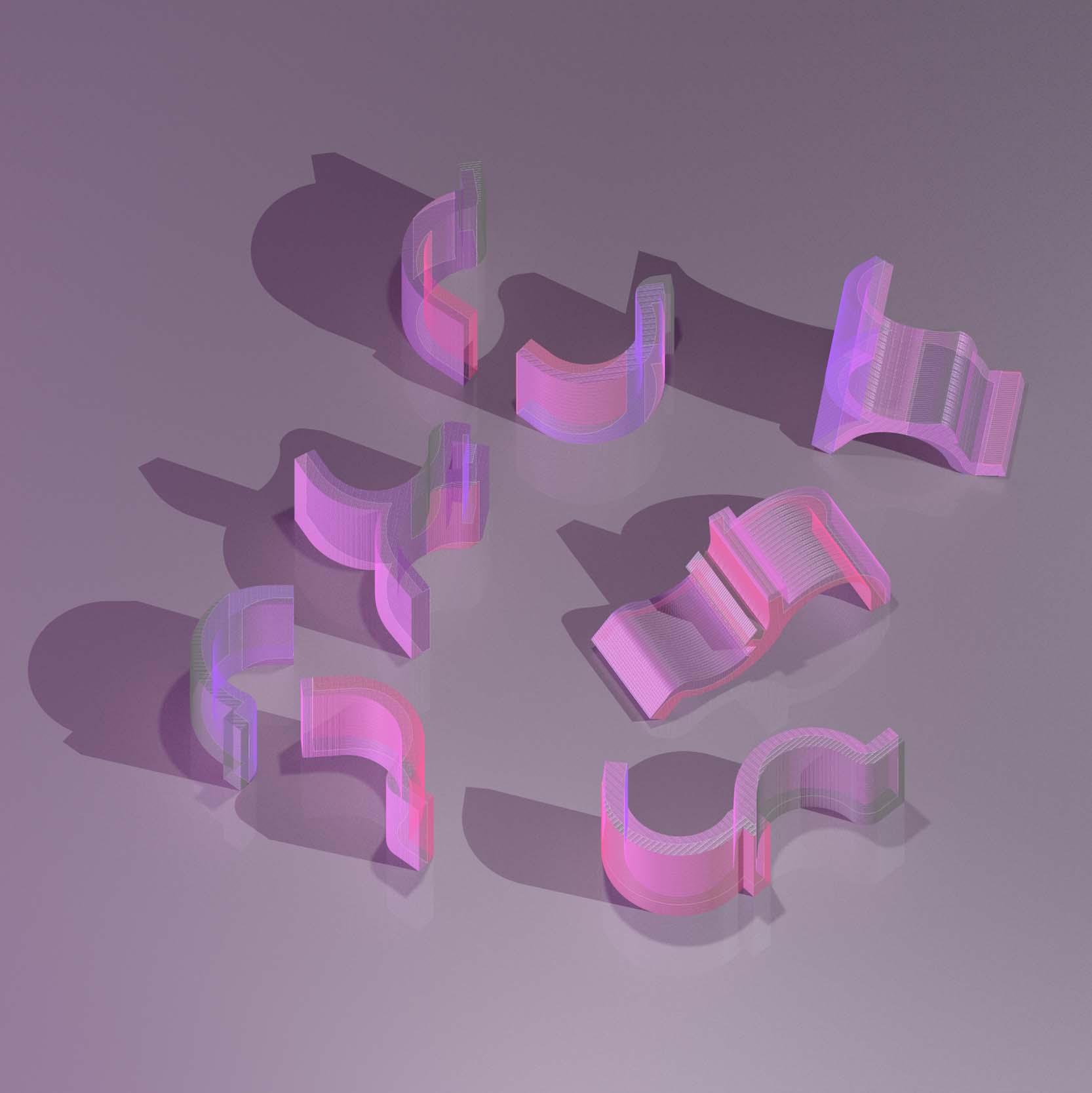 Rendering of 8 pink curved joint-like elements