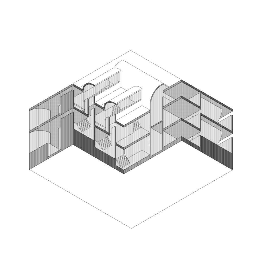 Black and white axonometric of structure with three floor