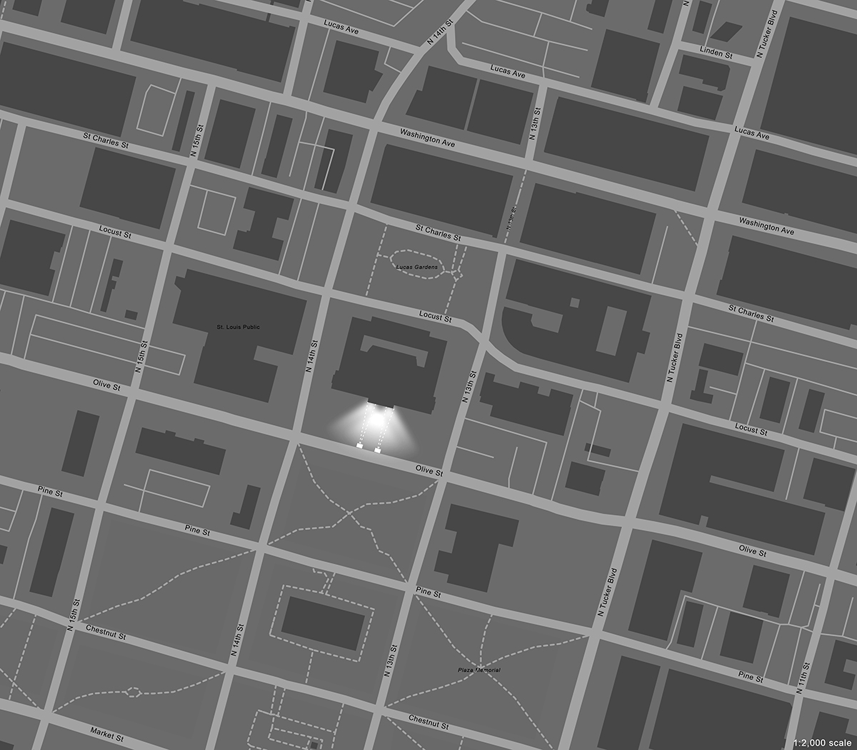Aerial map of St. Louis Missouri, showing the location of the Central Library. A highlight on the Olive Street facade of the building shows the location of the video projection.
