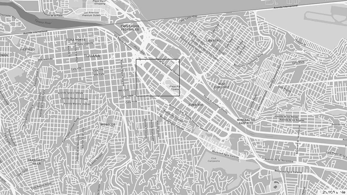 Aerial map of Tijuana, Mexico, showing a rectangle around a section on the south side of the Tijuana River which includes the Plaza Rio Tijuana.