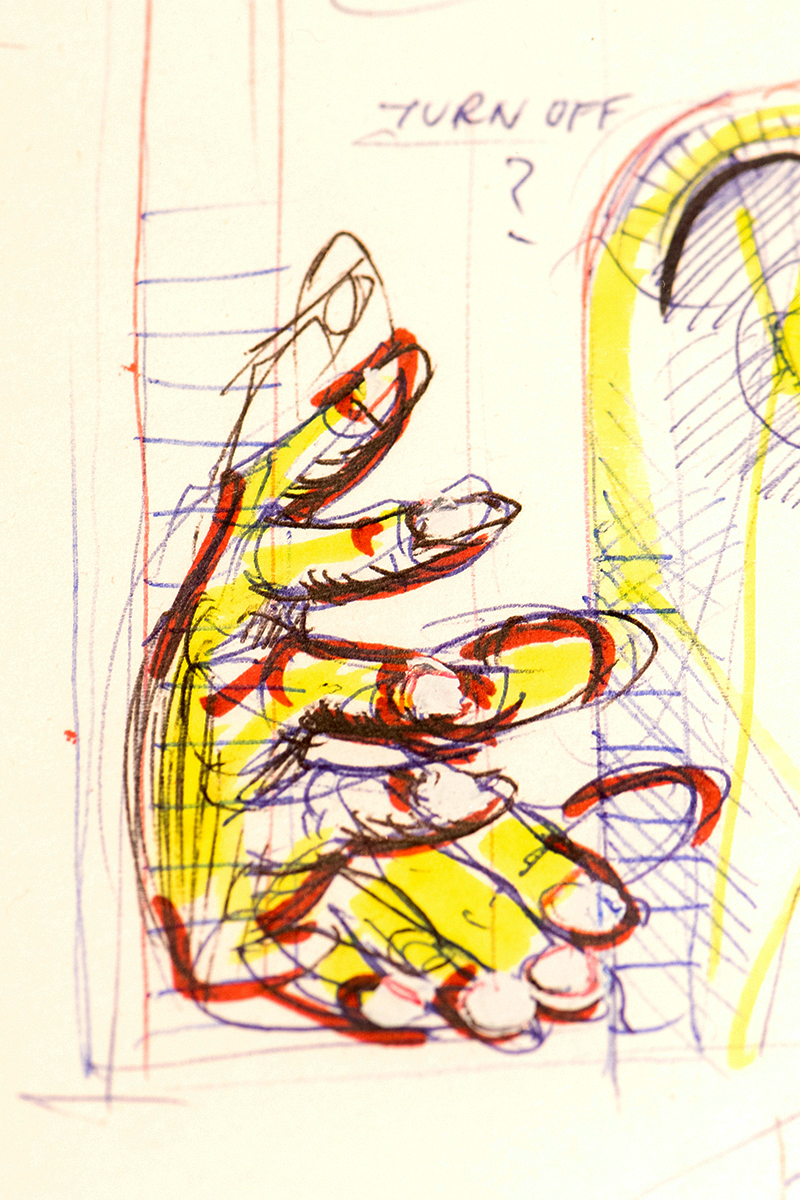 Pen and ink drawing in black and white with red and yellow highlights showing a sketch of a hand layered in different positions to depict gestural movement.