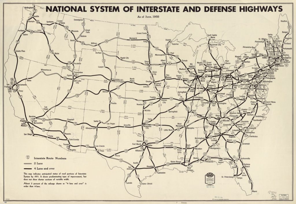 Map of US with interstate highway lines bisecting the land. 