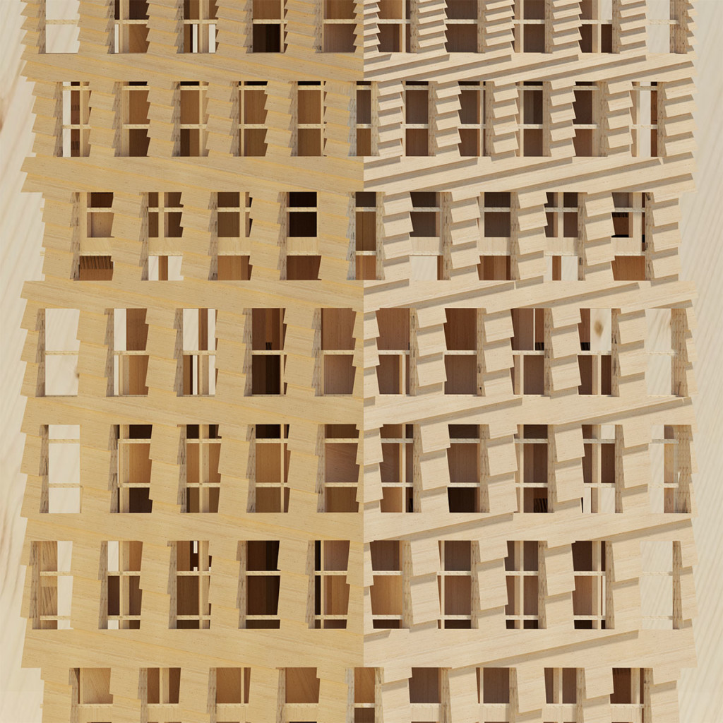 corner view of light wood architectural model with many windows and shingles