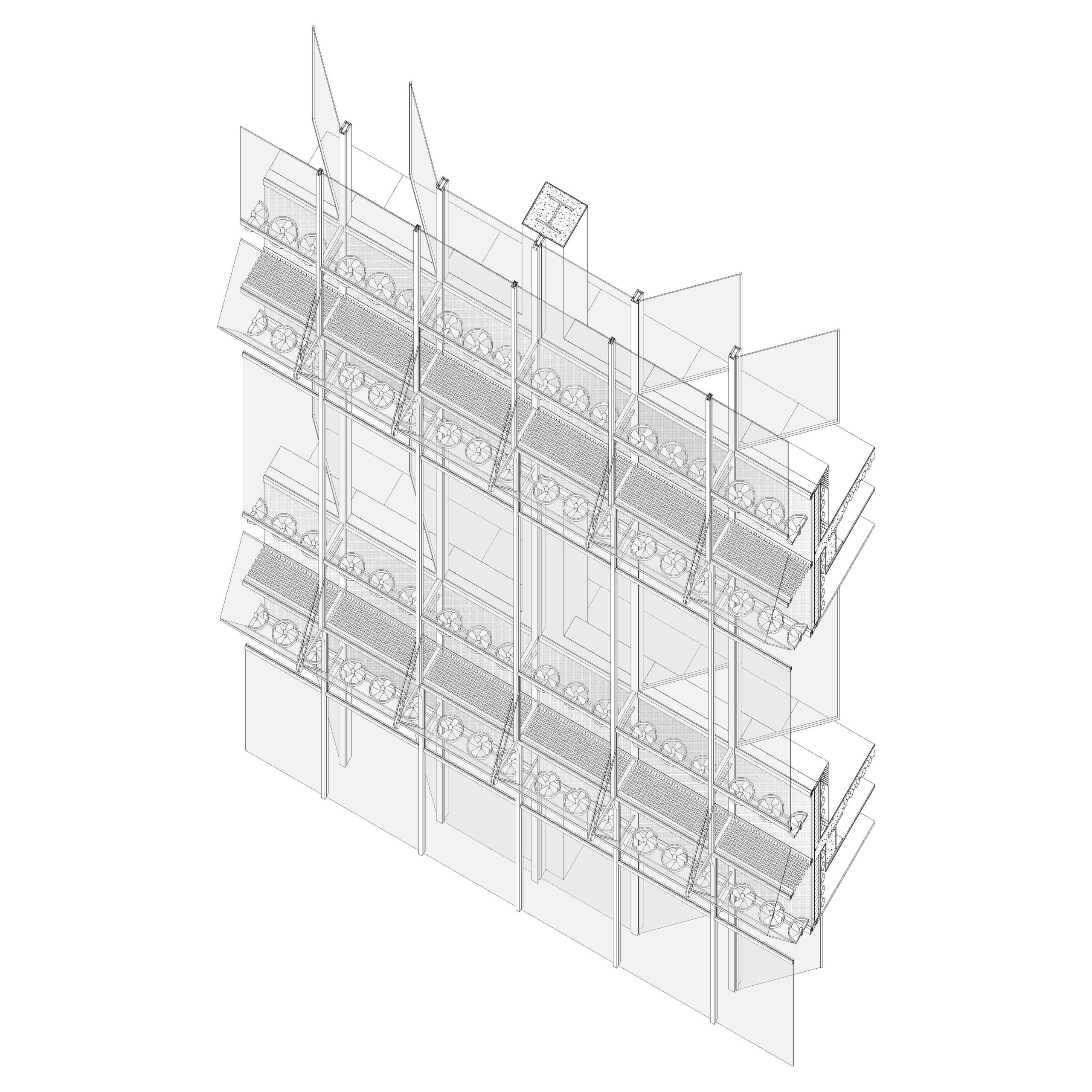 Black and white axonometric drawing of glass facade for a portion of three building floors