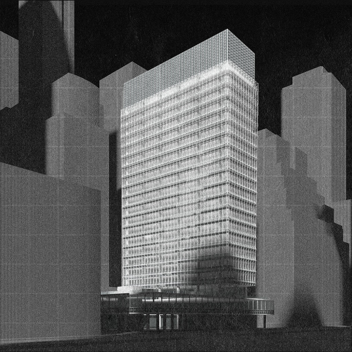 Black and white rendering of glass façade office building, view of building corner in city context .