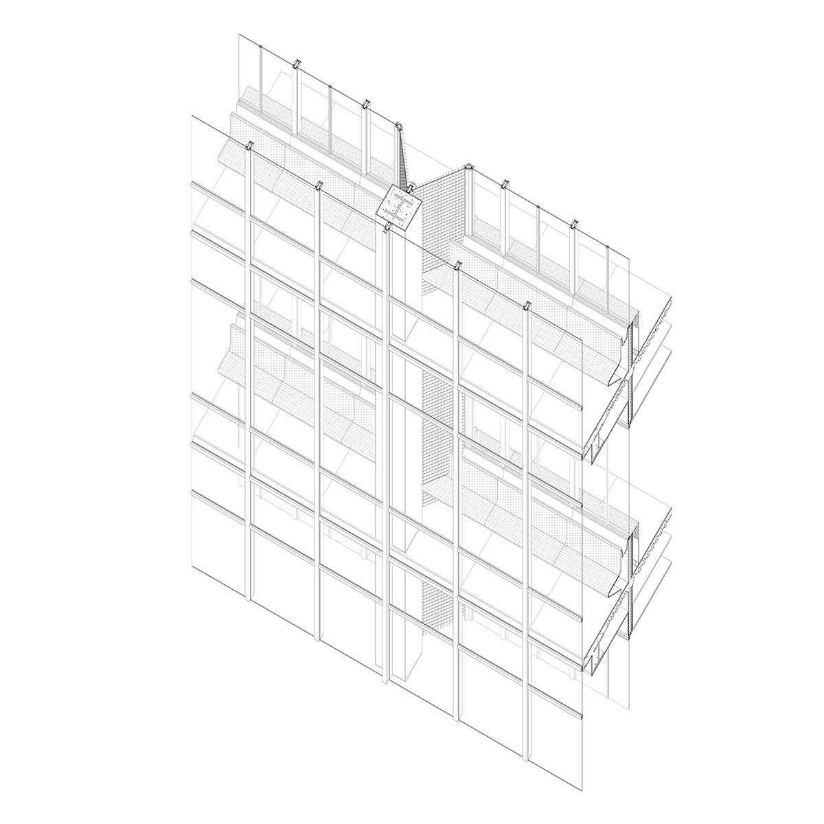 Black and white axonometric drawing of glass facade defined by thin i-beams, drawing illustrates a portion of three building floors.
