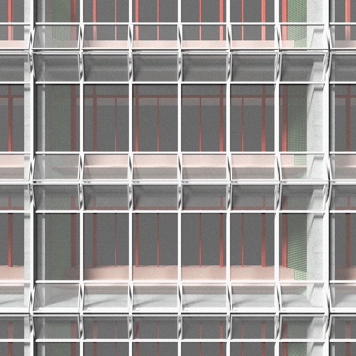 Up close rendering of glass facade with view of light pink and red details on the interior.