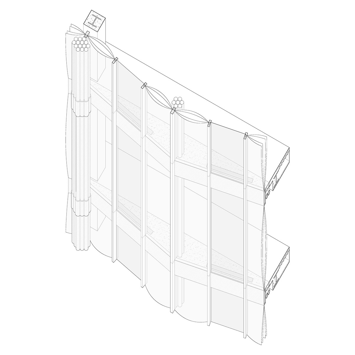 Black and white axonometric drawing of glass facade with angled glass