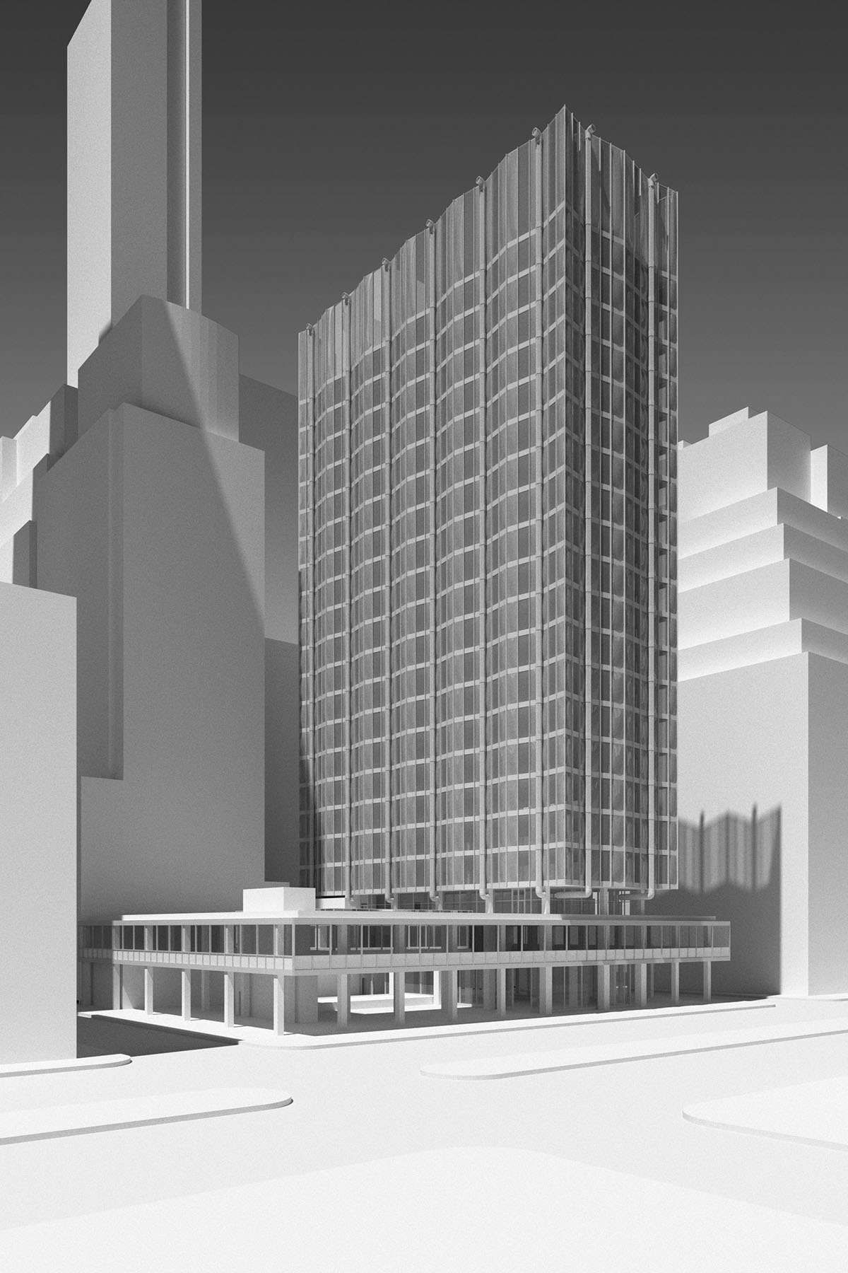 Black and white rendering of glass facade office building, view of building corner in city context.